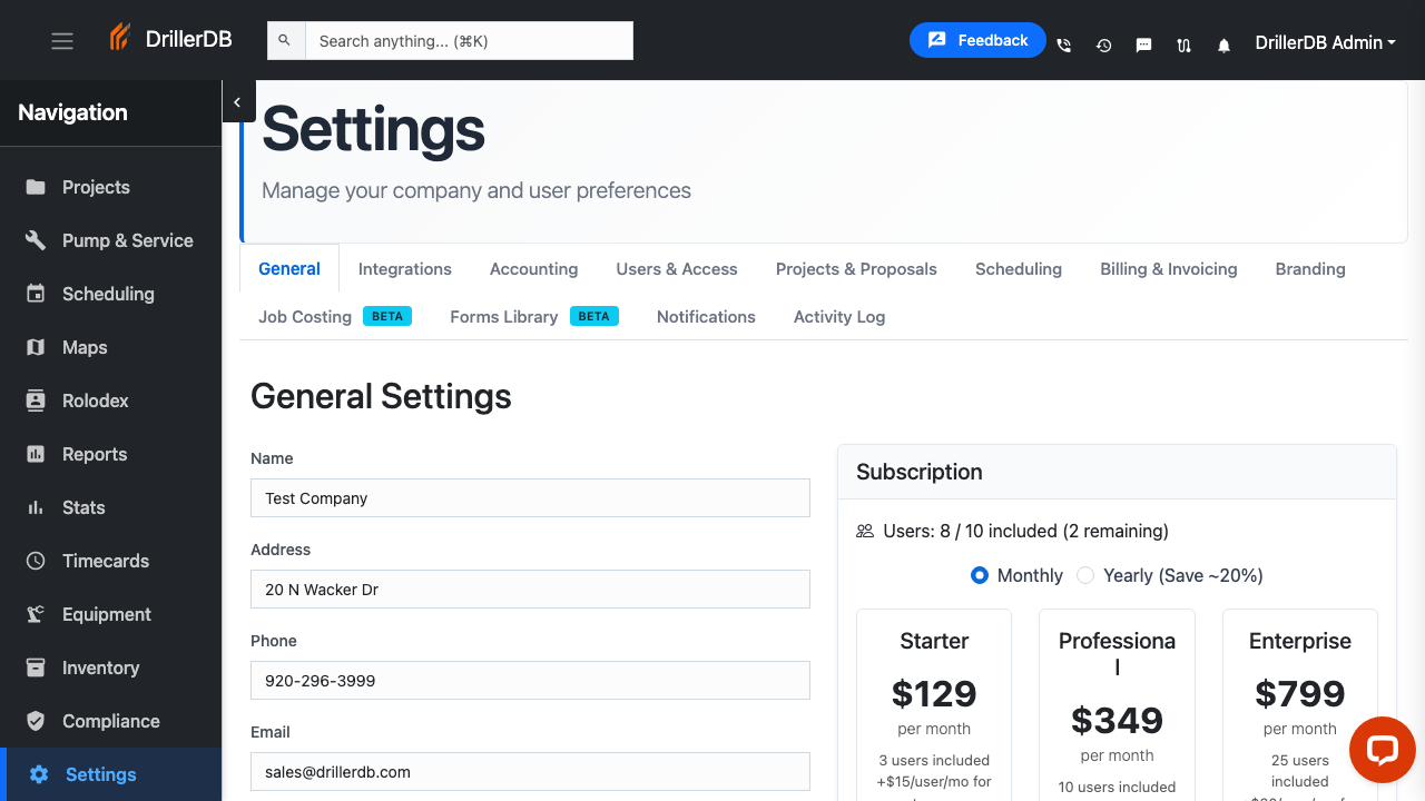 Settings page showing the Subscription panel on the right