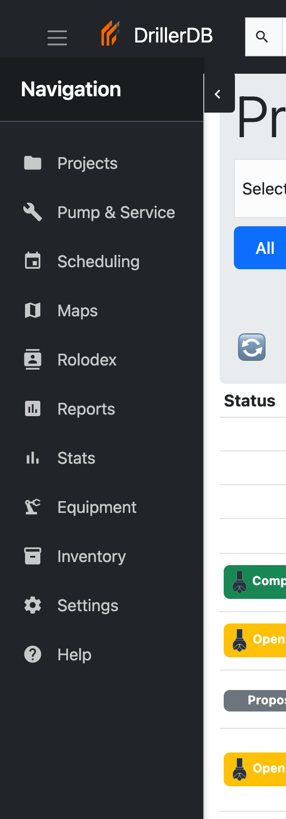 DrillerDB sidebar showing Settings near the bottom