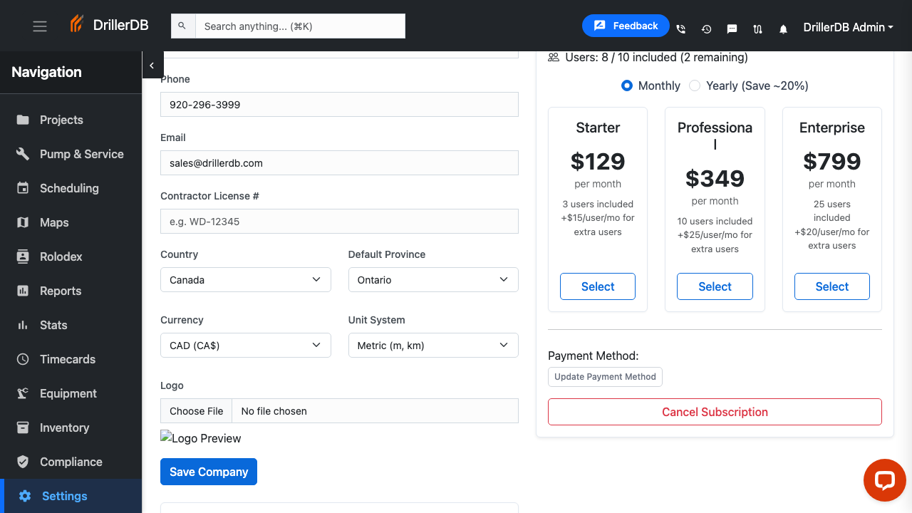 Subscription panel with plan cards and Cancel Subscription button