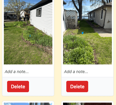 Two project photos in the Site Images section, each with an 'Add a note...' caption line and a Delete button underneath.
