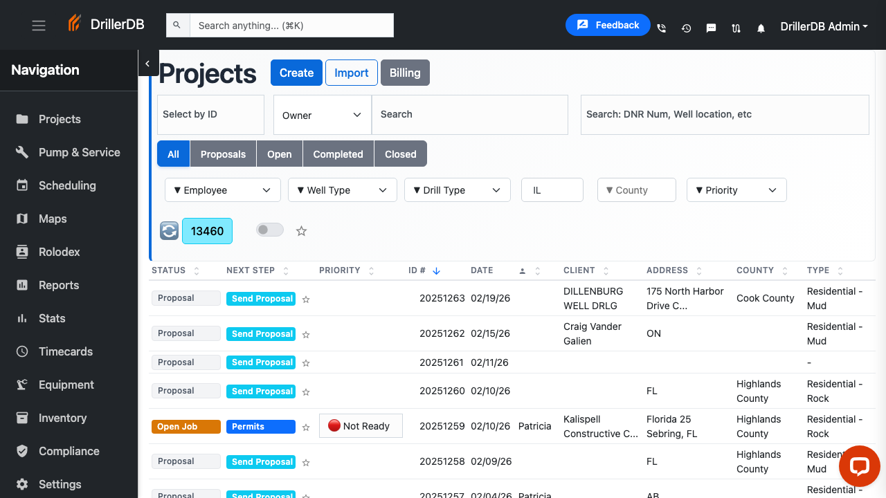 Project list with filter toolbar showing status tabs, dropdowns, and search fields