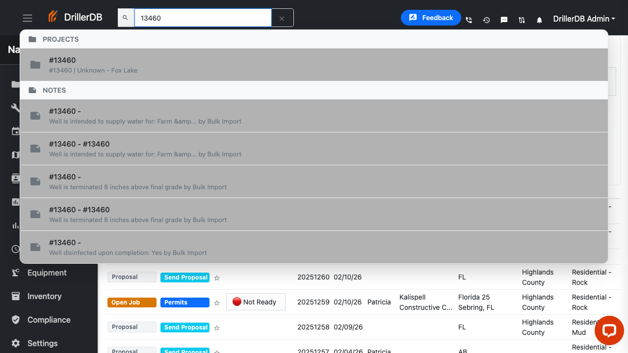 Global search by project ID showing project and related notes