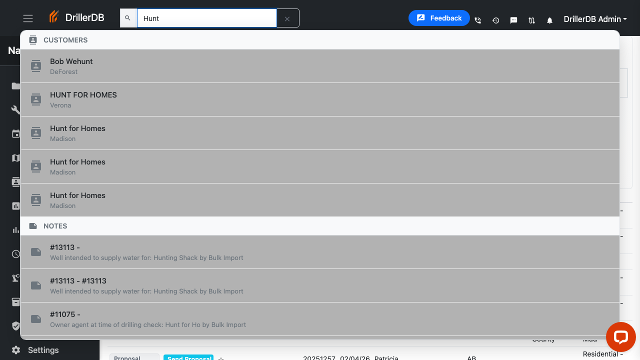 Global search showing results for "Hunt" grouped by Customers and Notes