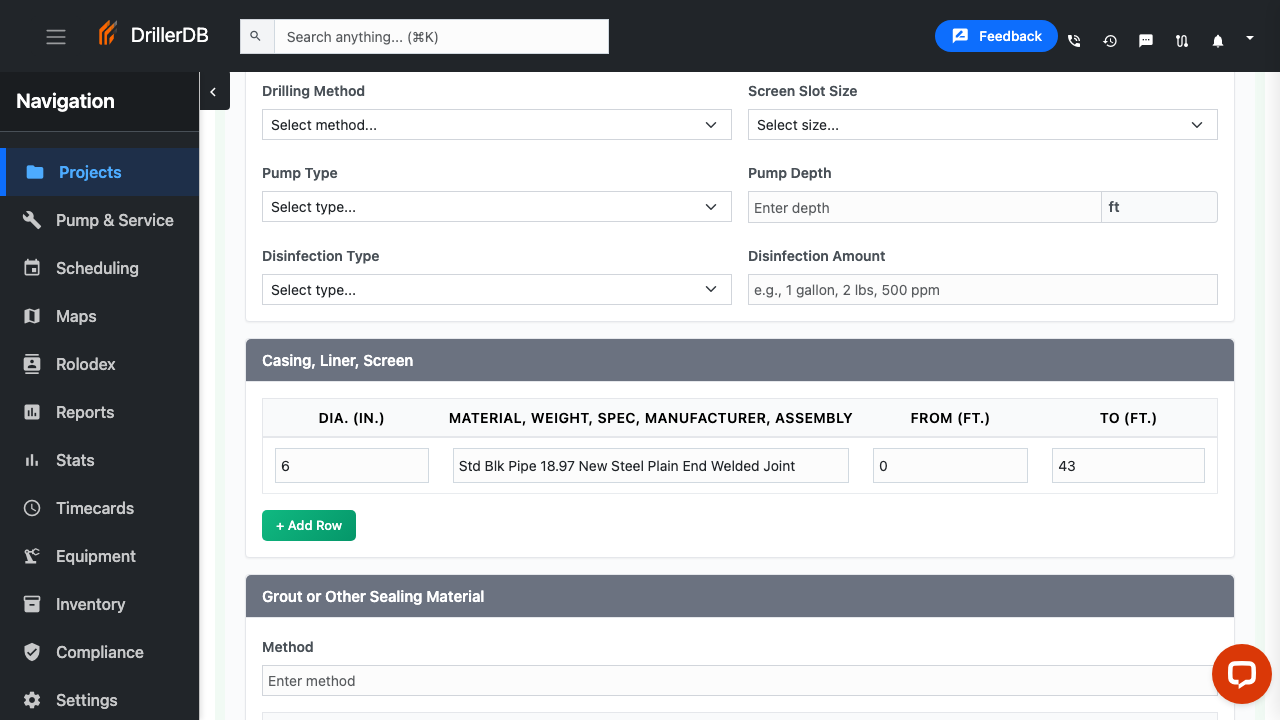 Casing, Liner, Screen table with material details