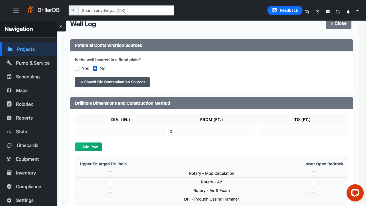 Contamination sources section with flood plain and expandable list