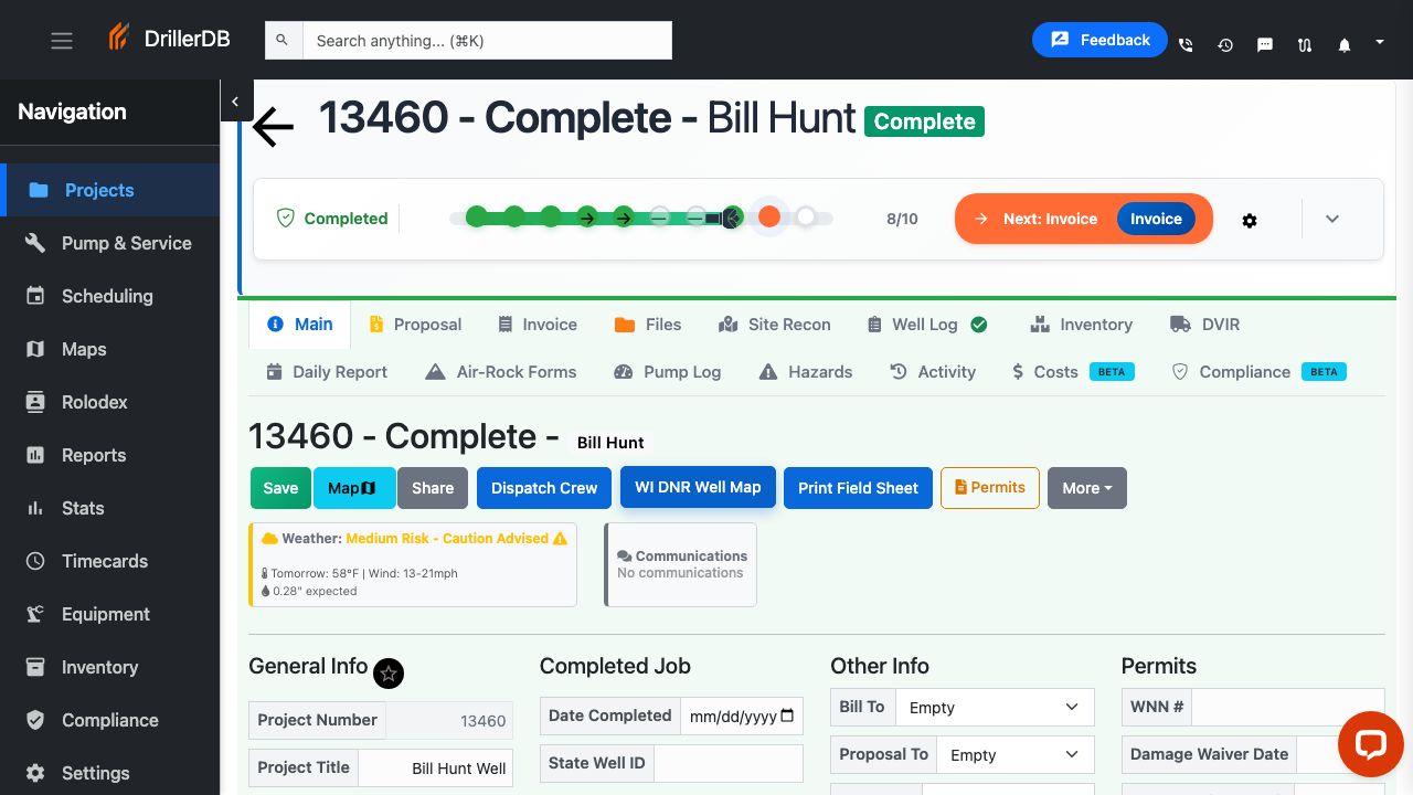 Project tabs showing Well Log with completion checkmark