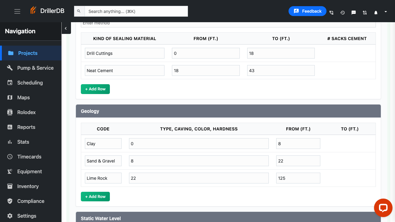 Static Water Level section