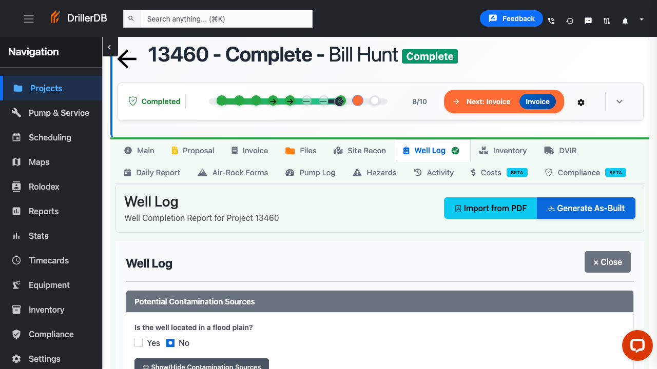 Well Log tab with Import from PDF and Generate As-Built buttons