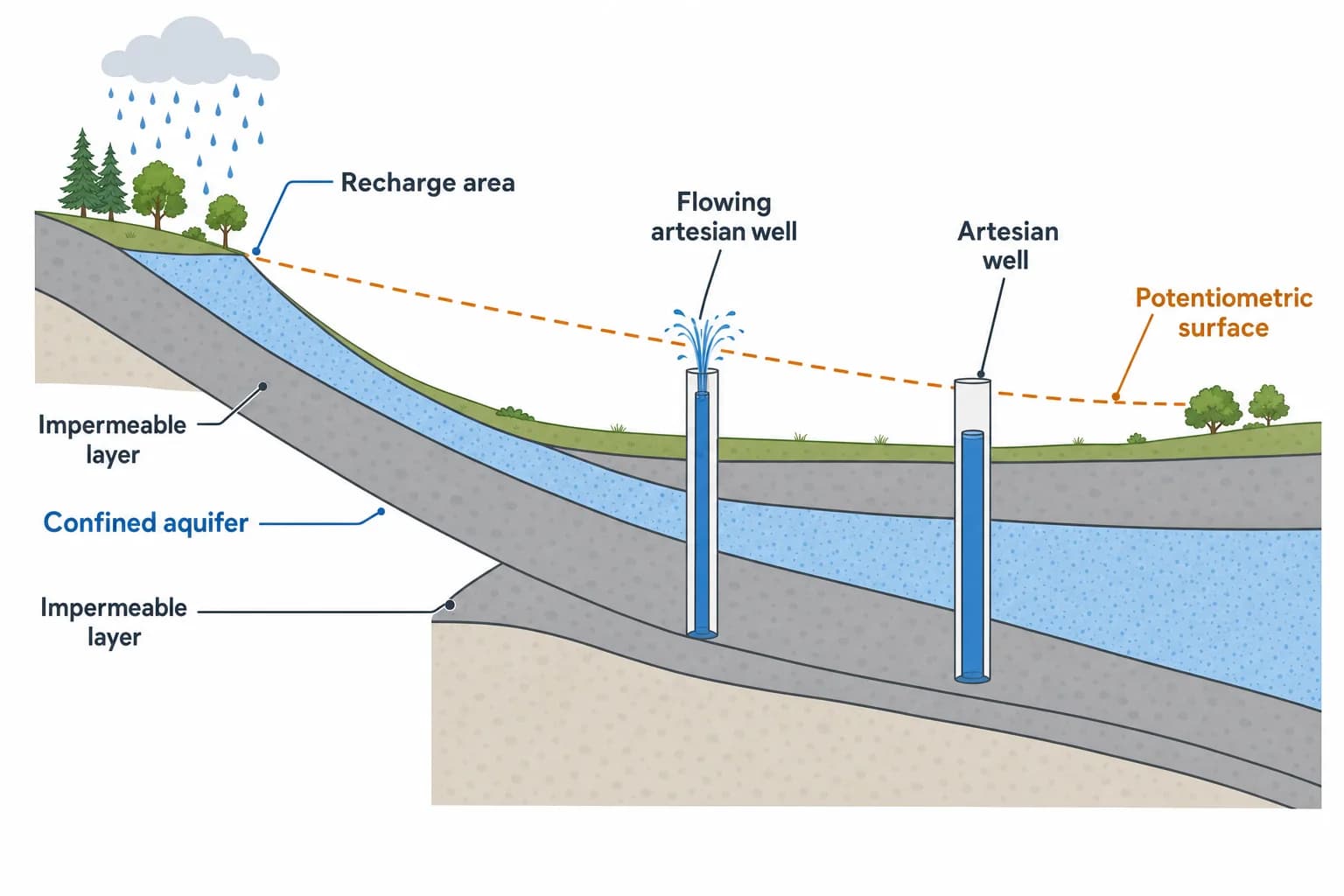 Cross-section of artesian wells: a confined aquifer between impermeable layers, elevated recharge area, dashed potentiometric surface, a flowing artesian well discharging at the surface and a non-flowing artesian well with water risen inside the casing