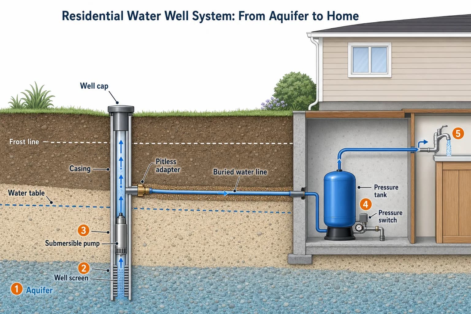 Cross-section of a complete residential water well system from aquifer to house: well screen, submersible pump, casing, below-frost-line pitless adapter, buried water line, pressure tank, pressure switch, and faucet, numbered steps 1 to 5