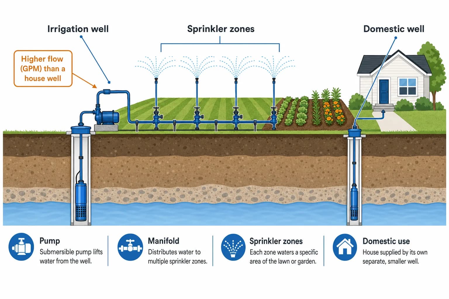 Diagram of a dedicated irrigation well and pump feeding sprinkler zones across a lawn and garden, with the house on its own separate smaller domestic well