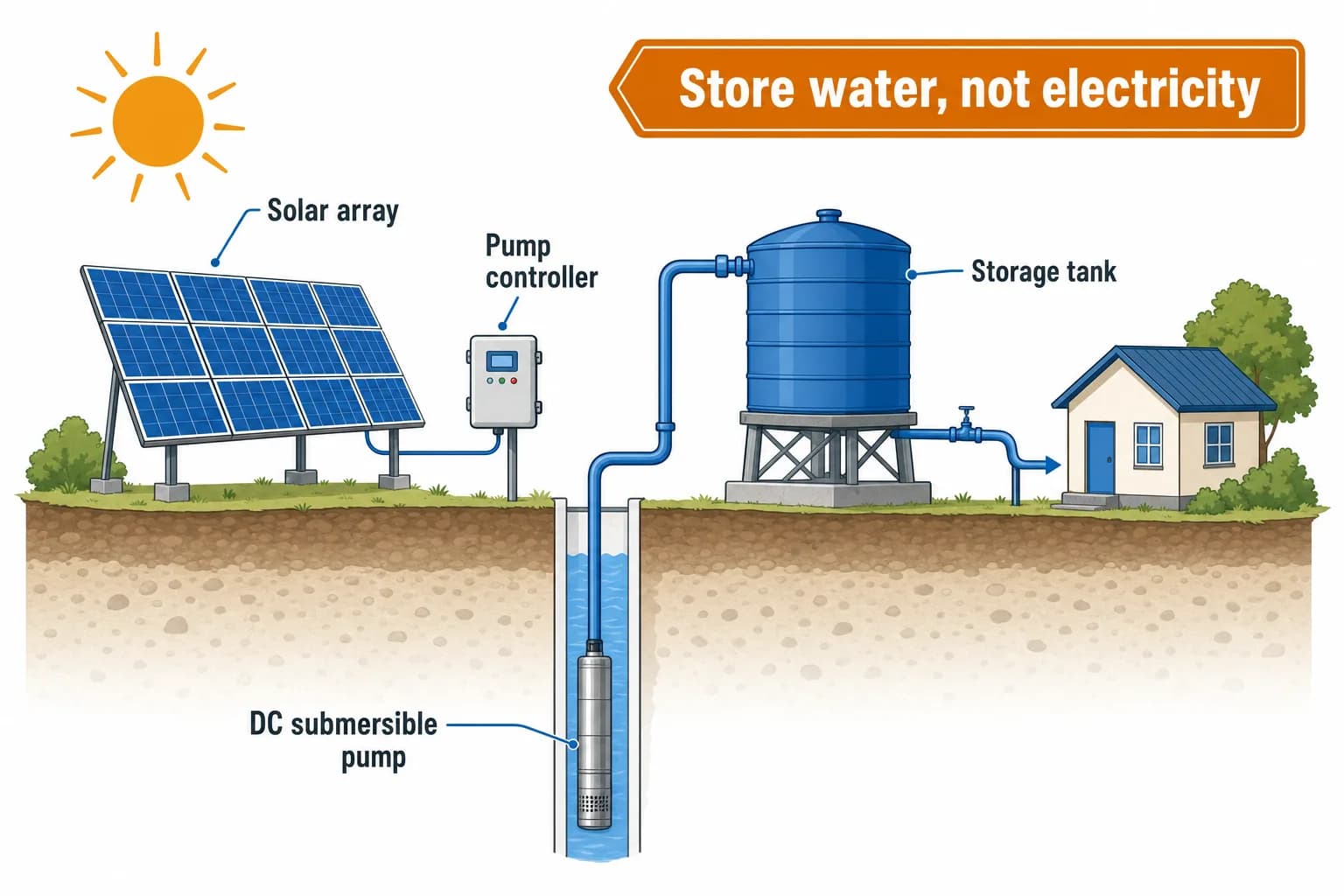 Schematic of a solar well pump system: solar array wired to a pump controller, DC submersible pump in the well, and an elevated storage tank feeding a house