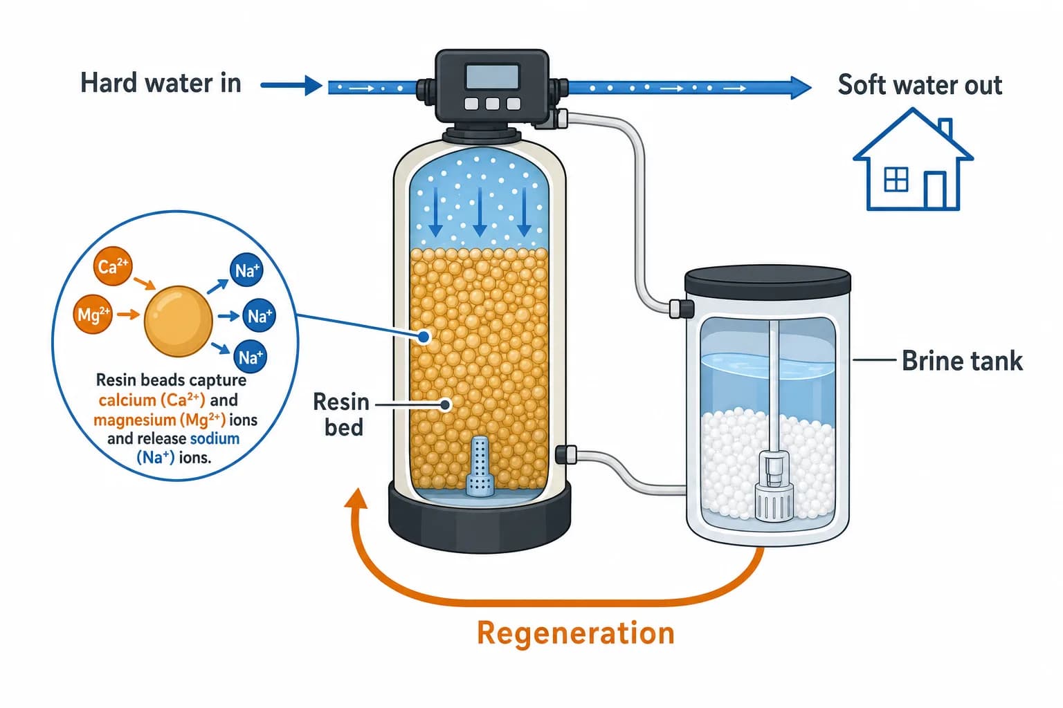 Diagram of a water softener on well water: hard water enters the resin bed where calcium and magnesium ions are exchanged for sodium, soft water exits to the house, and a brine tank regenerates the resin