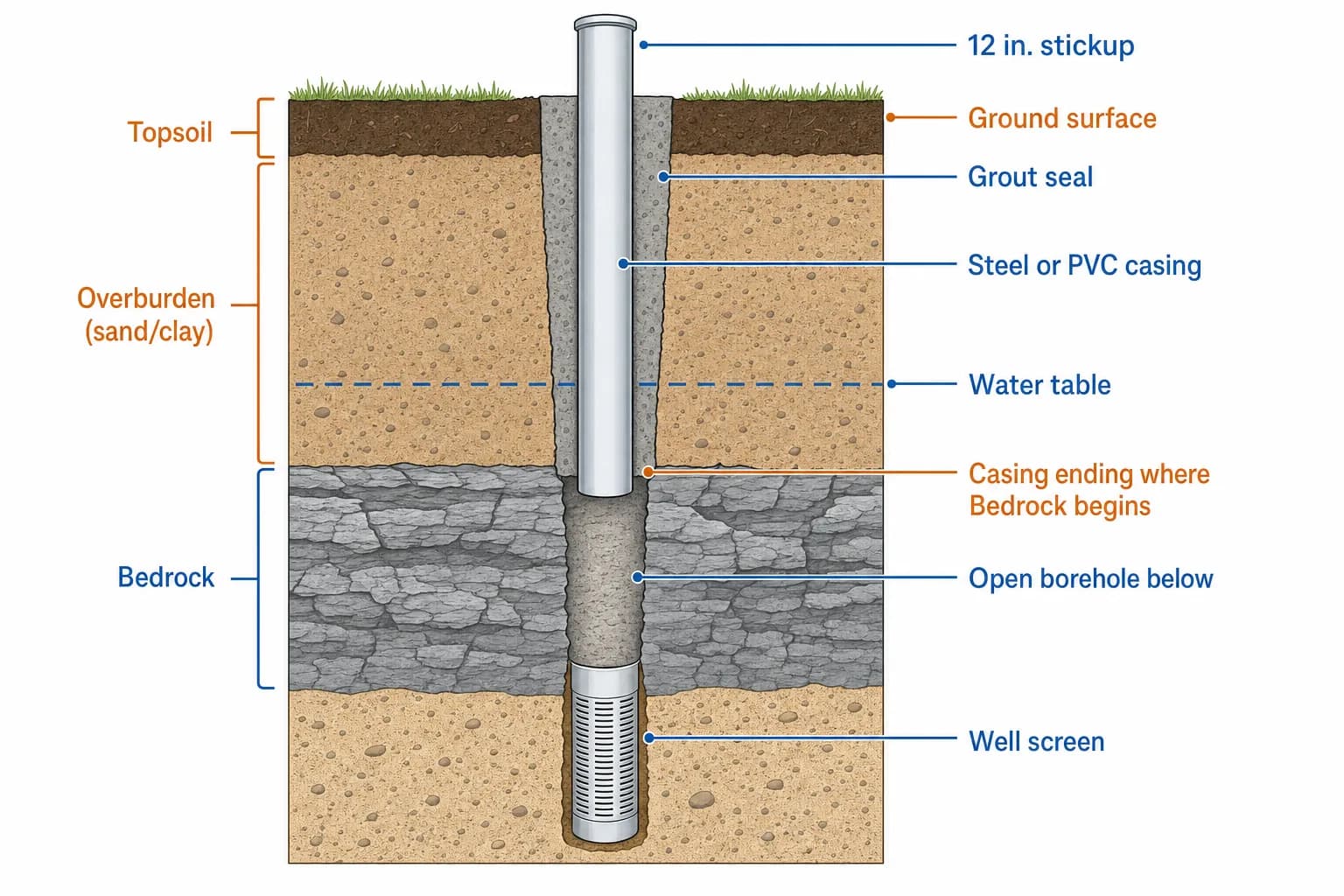 Vertical cross-section of a drilled well showing 12-inch casing stickup, grout seal in the annulus, steel or PVC casing through overburden, water table, casing seated at bedrock with open borehole below, and a well screen
