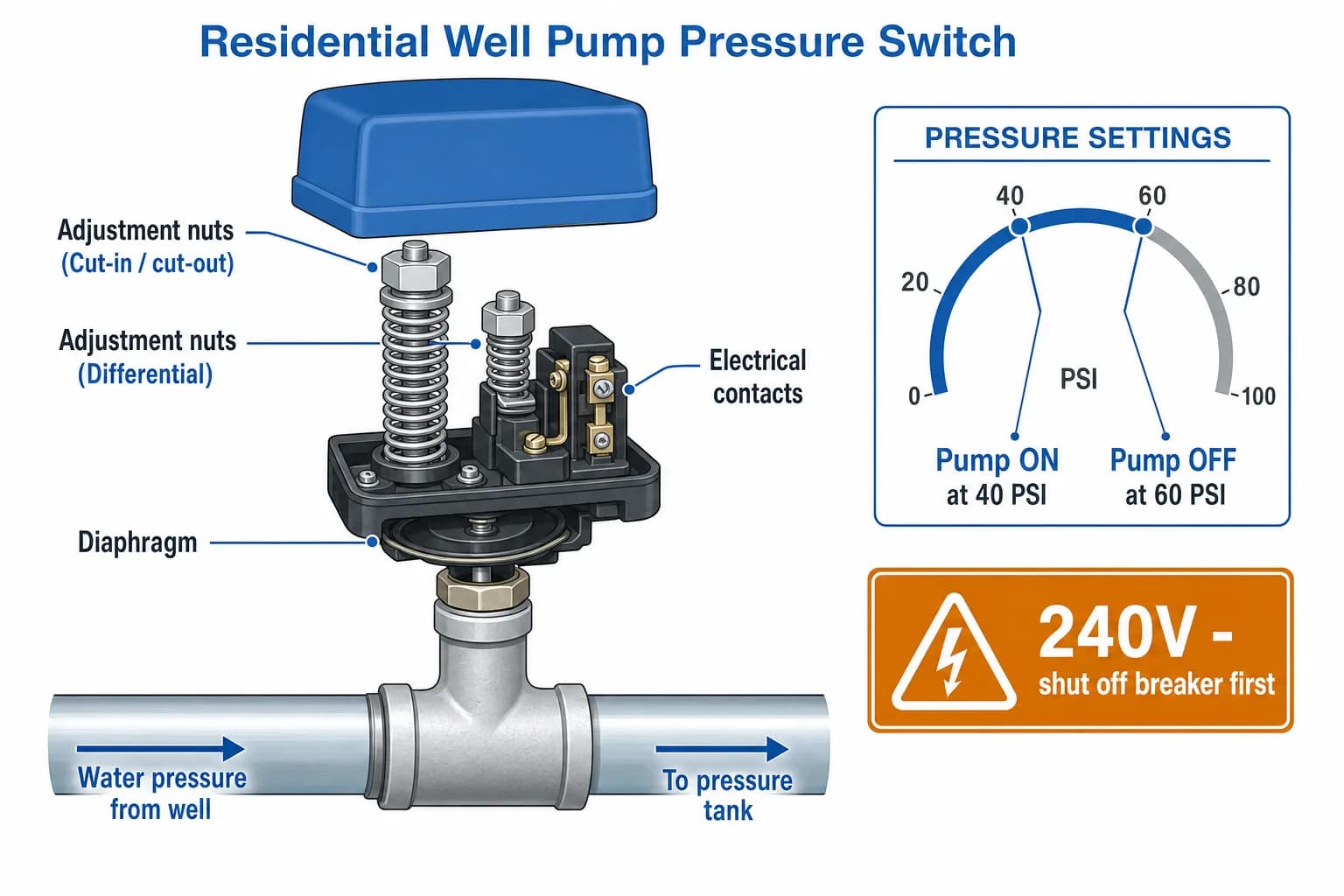 Diagram of a well pump pressure switch on a tank tee showing the adjustment nuts, electrical contacts, and diaphragm, with a 40/60 PSI cut-in/cut-out dial and a 240-volt shut-off-breaker-first warning