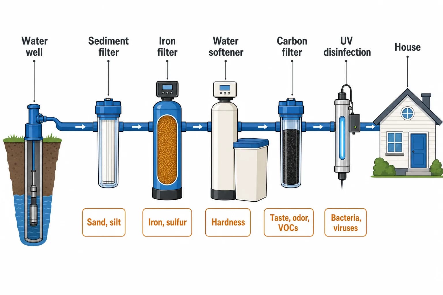 Whole-house well water treatment train from well to house: sediment filter, iron filter, water softener, carbon filter, and UV disinfection, each labeled with what it removes