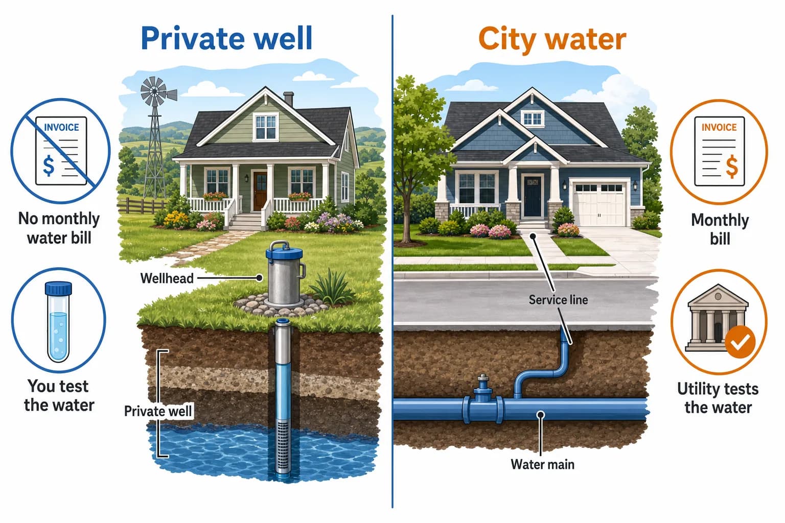 Split illustration comparing a private well home with wellhead, no monthly water bill and owner-run testing, versus a city water home on a water main with a monthly bill and utility-run testing