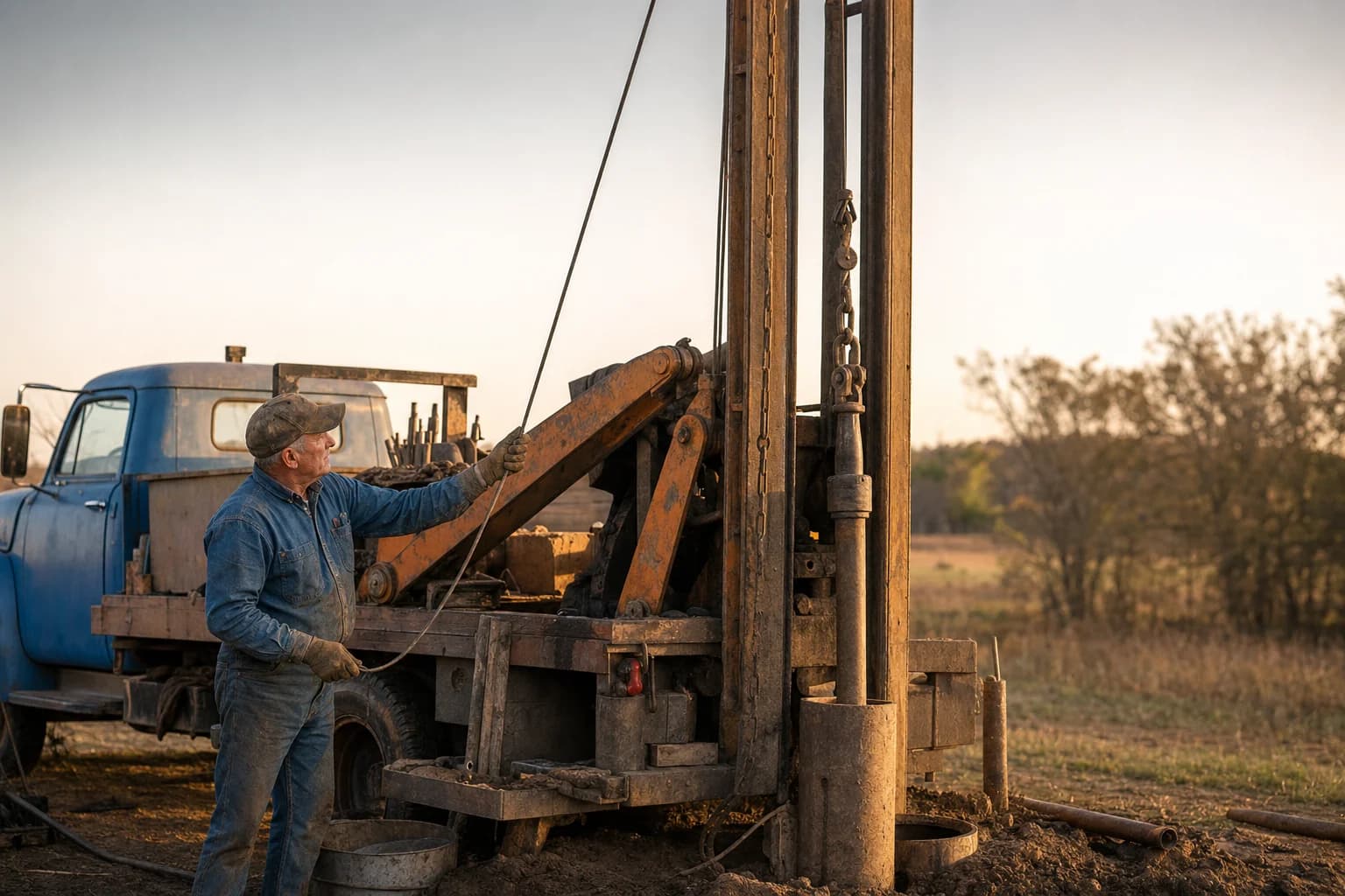 Truck-mounted cable tool spudder rig drilling a residential water well
