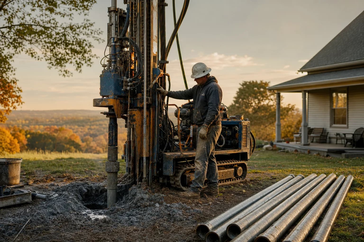 Truck-mounted rotary drilling rig boring a residential water well