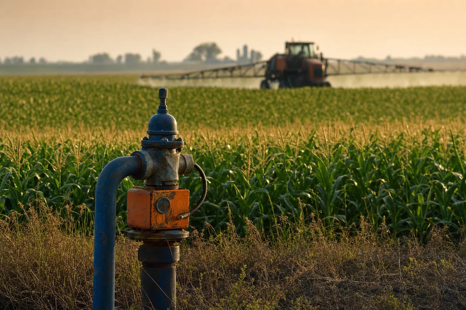 A field of row crops beside a rural home with a private well in farm country