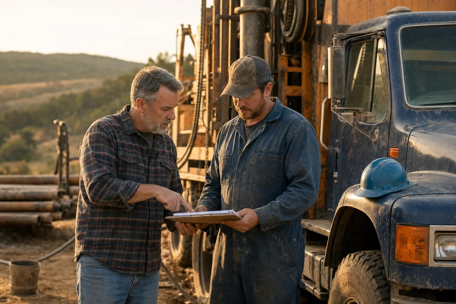 Homeowner interviewing a well drilling contractor beside a drill rig