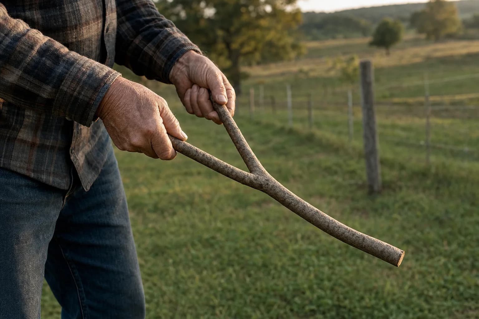 Dowser walking a rural property holding a forked stick