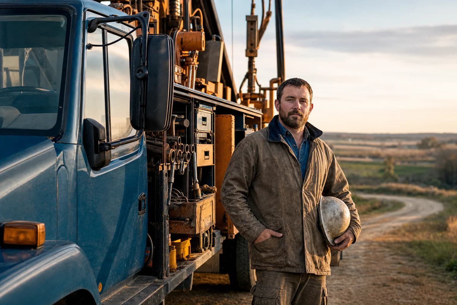 Licensed water well drilling contractor operating a drilling rig at a residential site