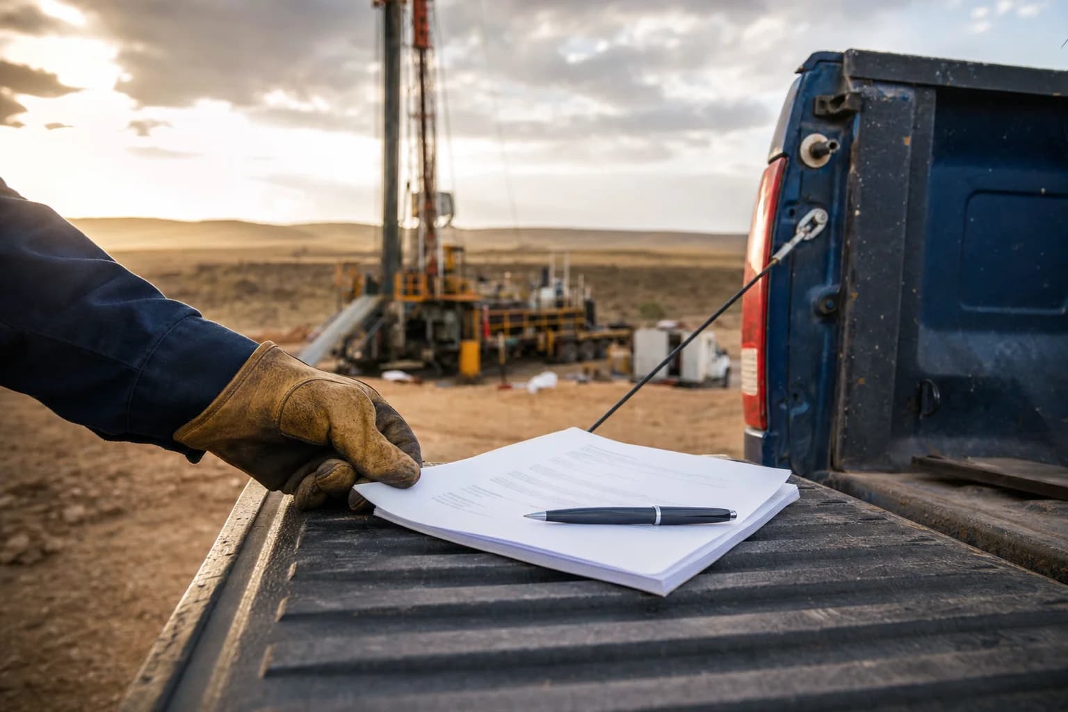 Homeowner reviewing a water well drilling contract with a contractor