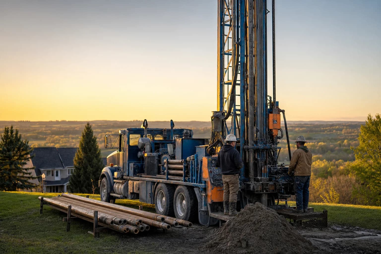 Truck-mounted drilling rig boring a residential water well