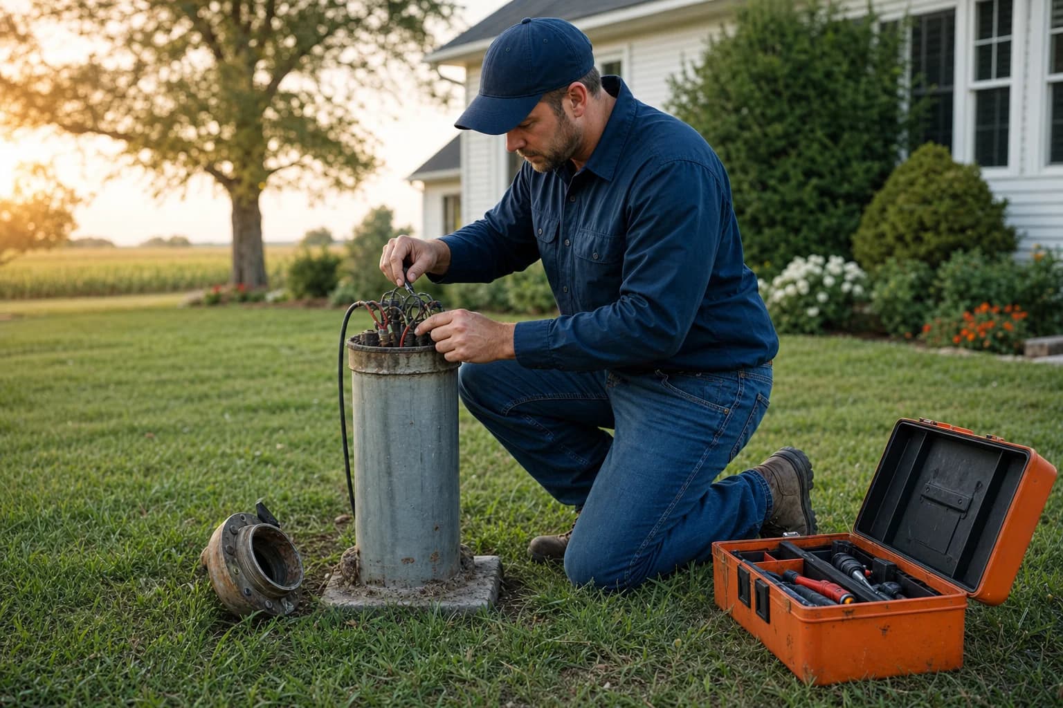 Residential wellhead and well cap being inspected during routine maintenance
