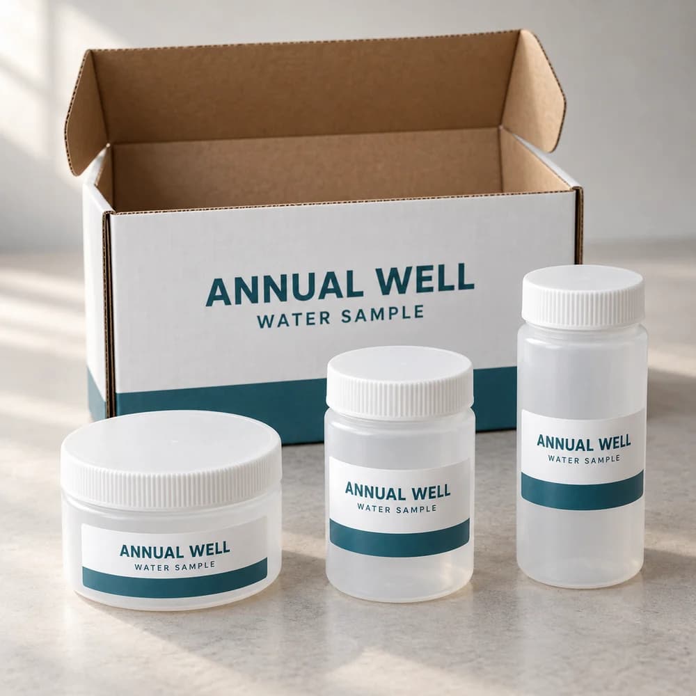 Representative annual well test sampling kit with a mailer box and sample containers