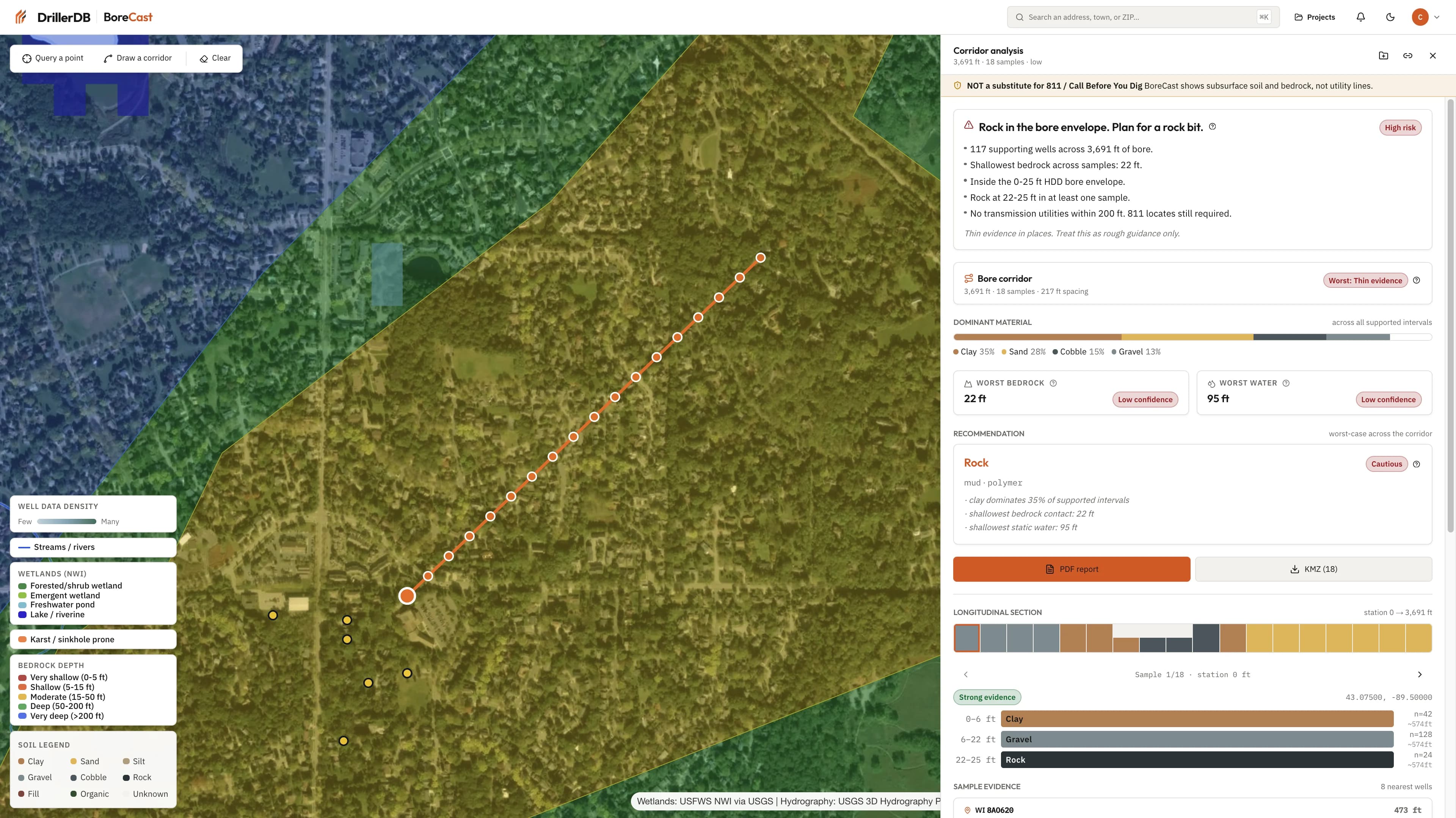 BoreCast corridor report preview with nearby subsurface evidence