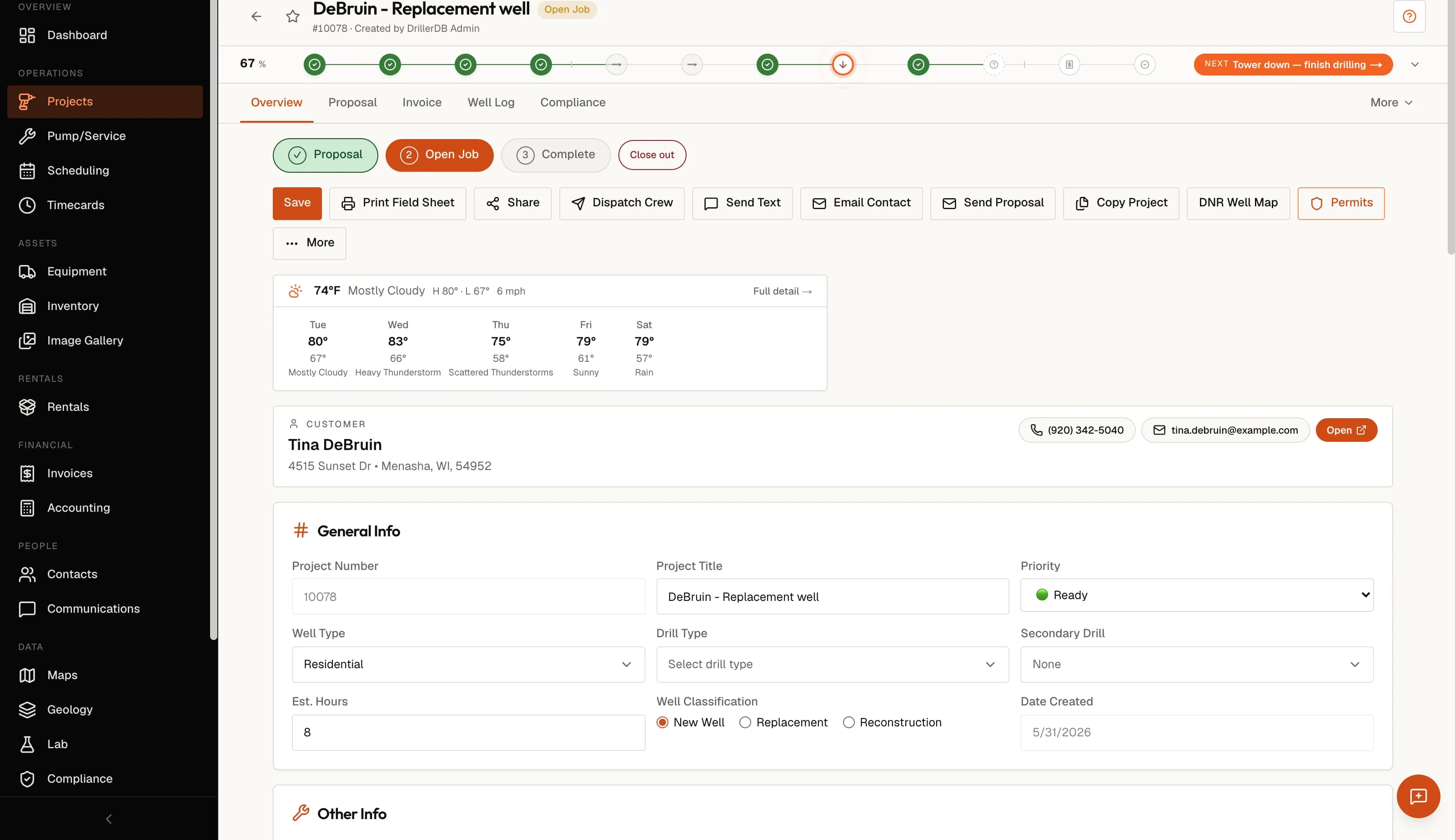 DrillerDB project file — job progress bar, site weather forecast, customer card and one-click actions like print field sheet and dispatch crew