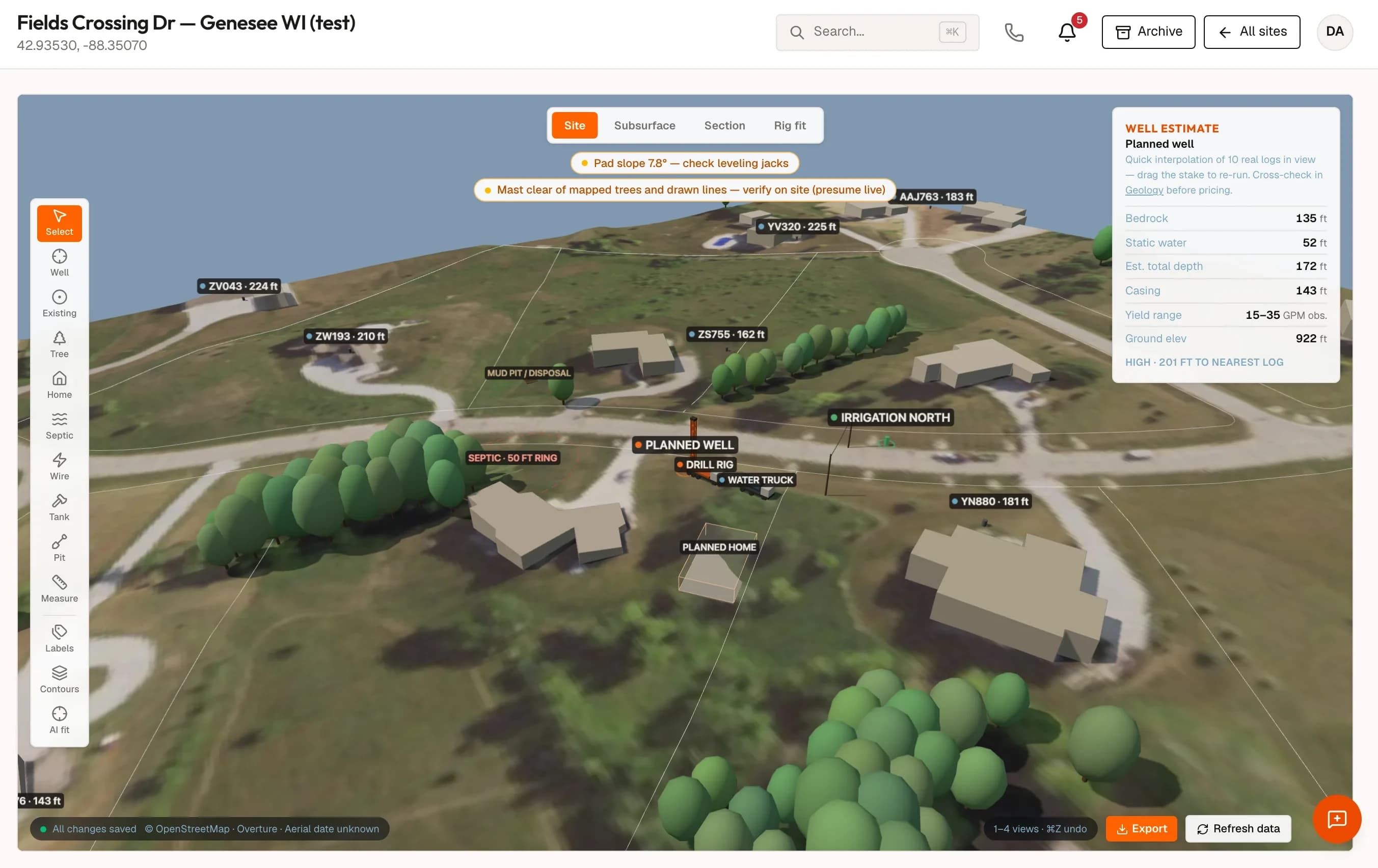 DrillerDB 3D site planner on real terrain and aerial imagery: a staked planned well with drill rig and water truck, a septic 50-foot setback ring, nearby well logs labeled with depth, and a live well-estimate panel (bedrock, static water, total depth).