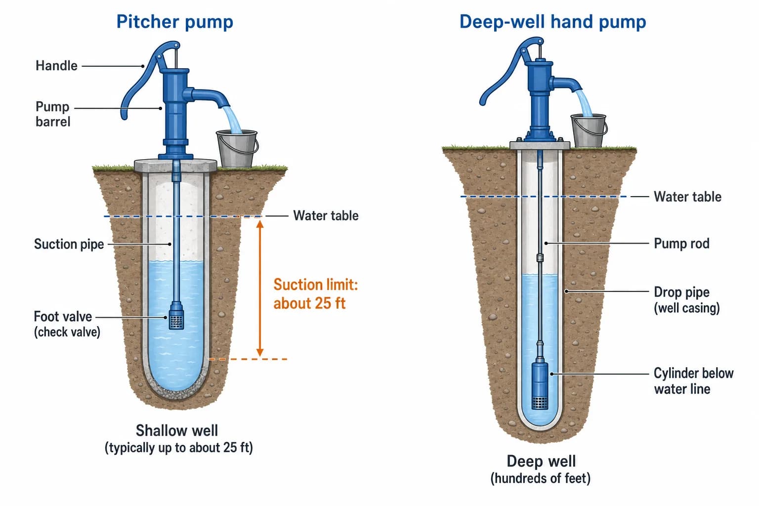Side-by-side diagram of a shallow-well pitcher pump with its 25-foot suction limit and a deep-well hand pump whose pump rod runs inside the drop pipe to drive a cylinder set below the water line