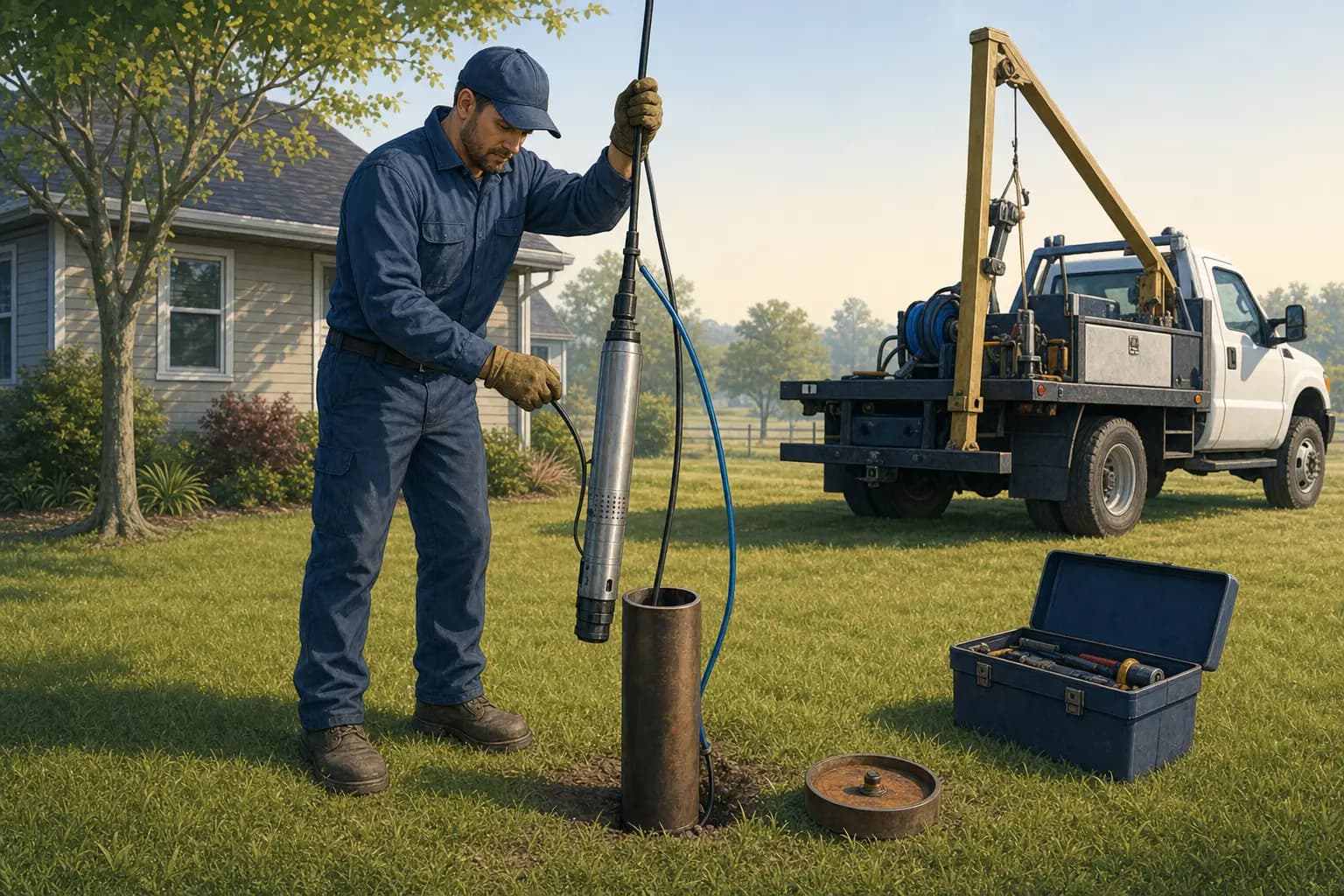 Well service technician pulling a submersible pump from a residential well casing, service truck with hoist in the background