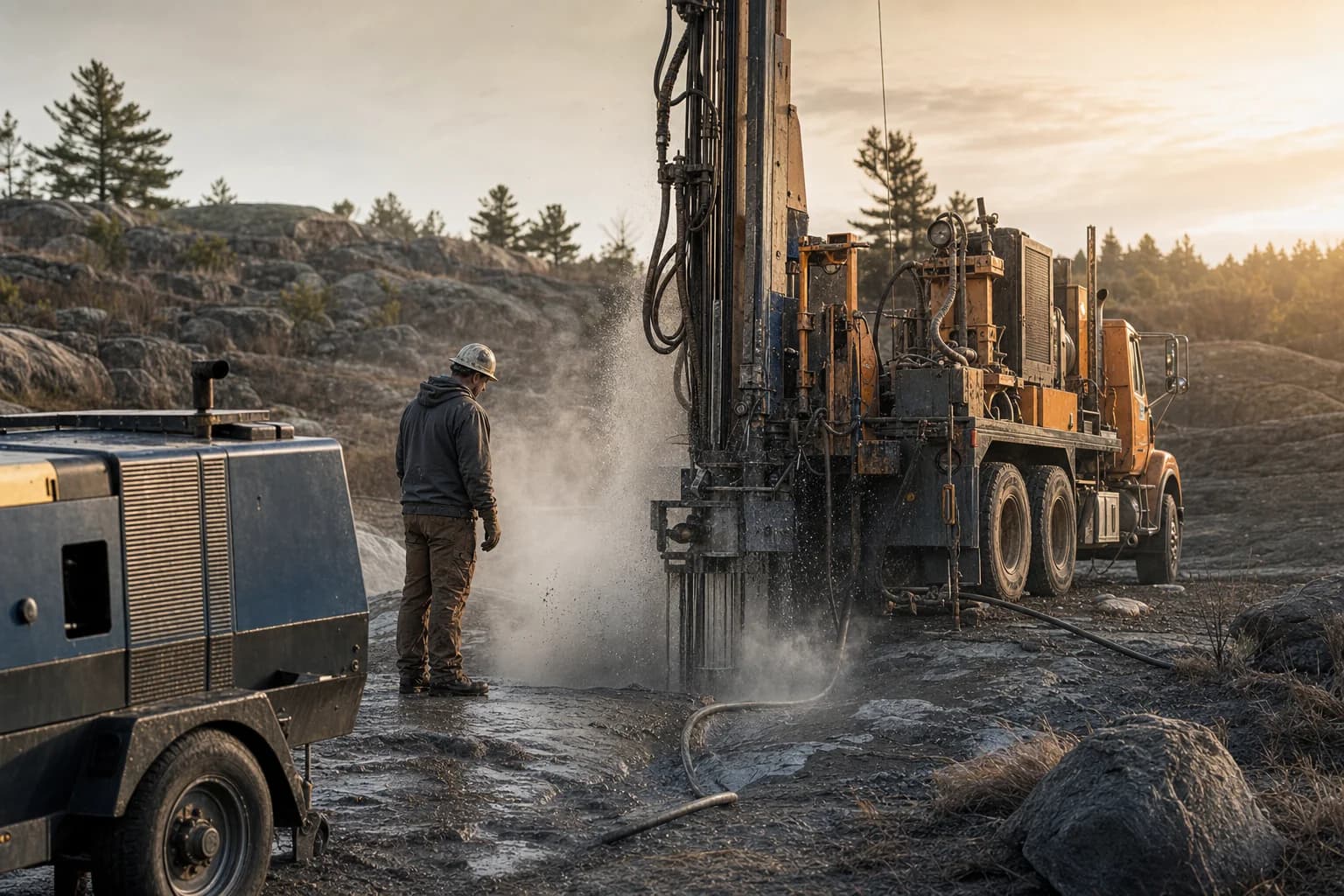 Air rotary drill rig boring a residential water well through bedrock