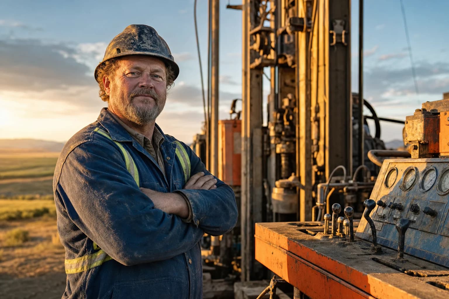 Well drilling contractor reviewing credentials beside a rotary drill rig