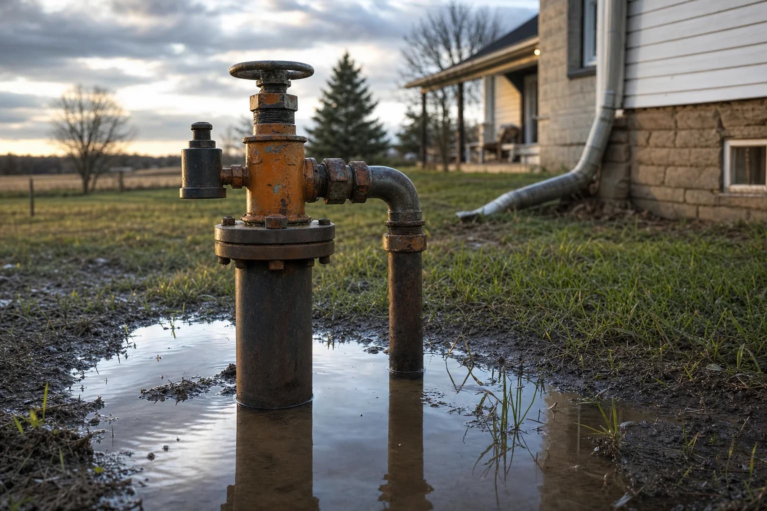 A clear glass of well water beside a private wellhead in a rural yard