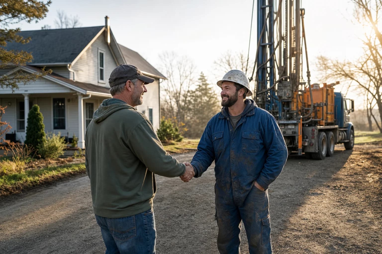 Water well drilling rig set up on a residential property