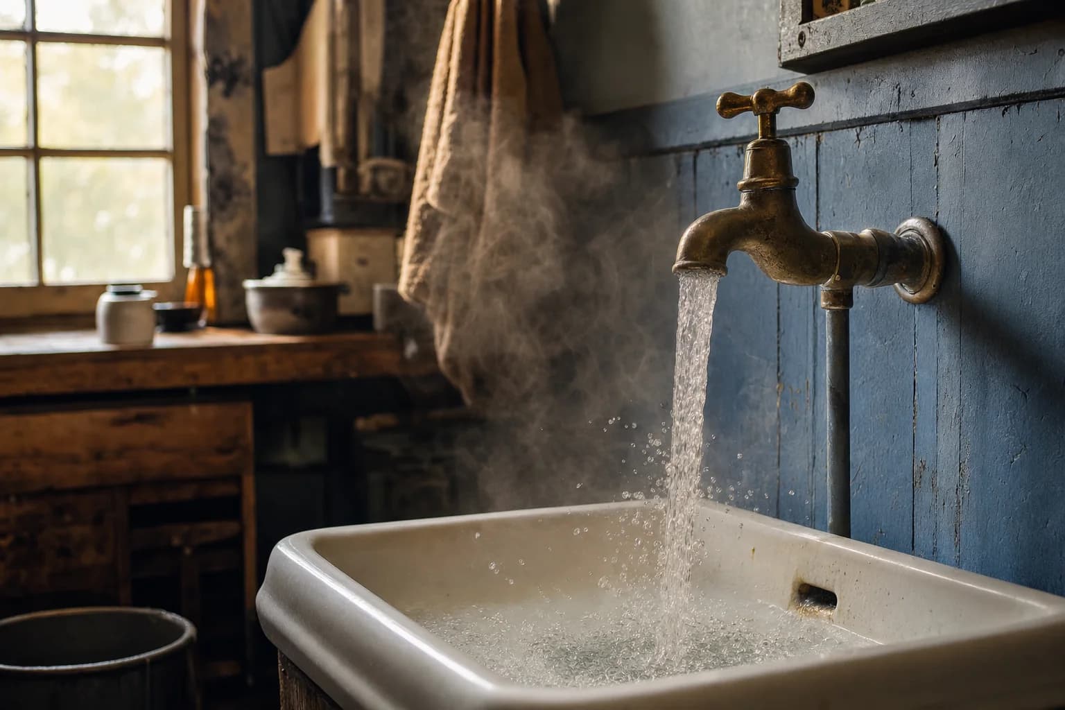 A glass of well water beside a kitchen faucet in a rural home