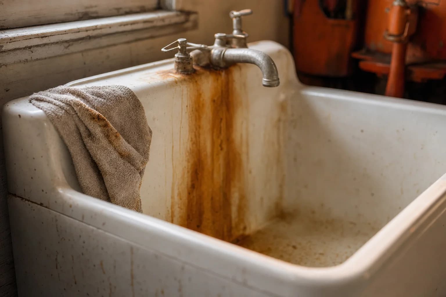 Rust and black mineral staining on a sink and fixtures caused by iron and manganese in well water