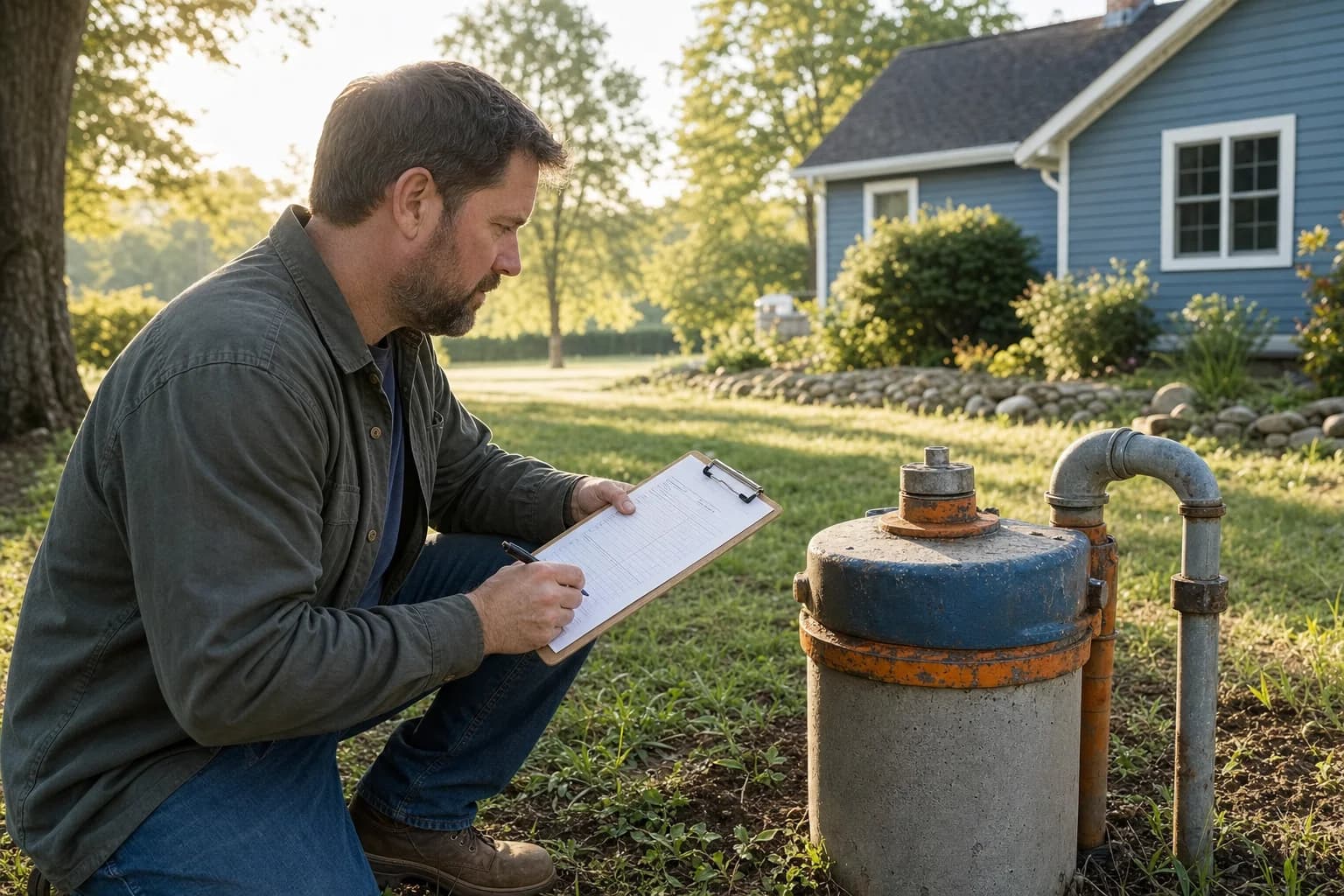 Homeowner inspecting a residential wellhead while working through a printed well maintenance checklist
