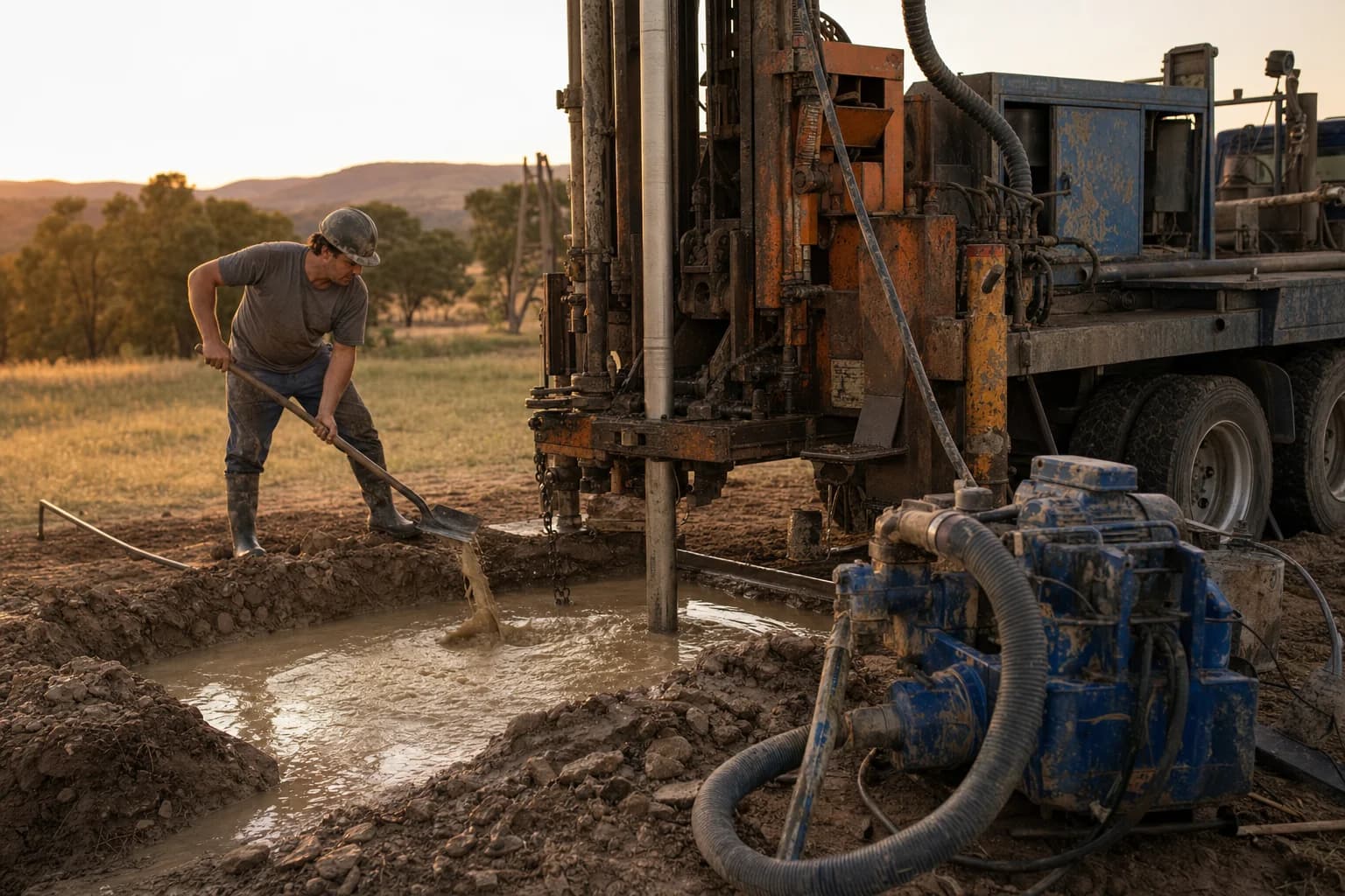 Mud rotary drilling rig circulating drilling fluid through mud pits on a residential well site