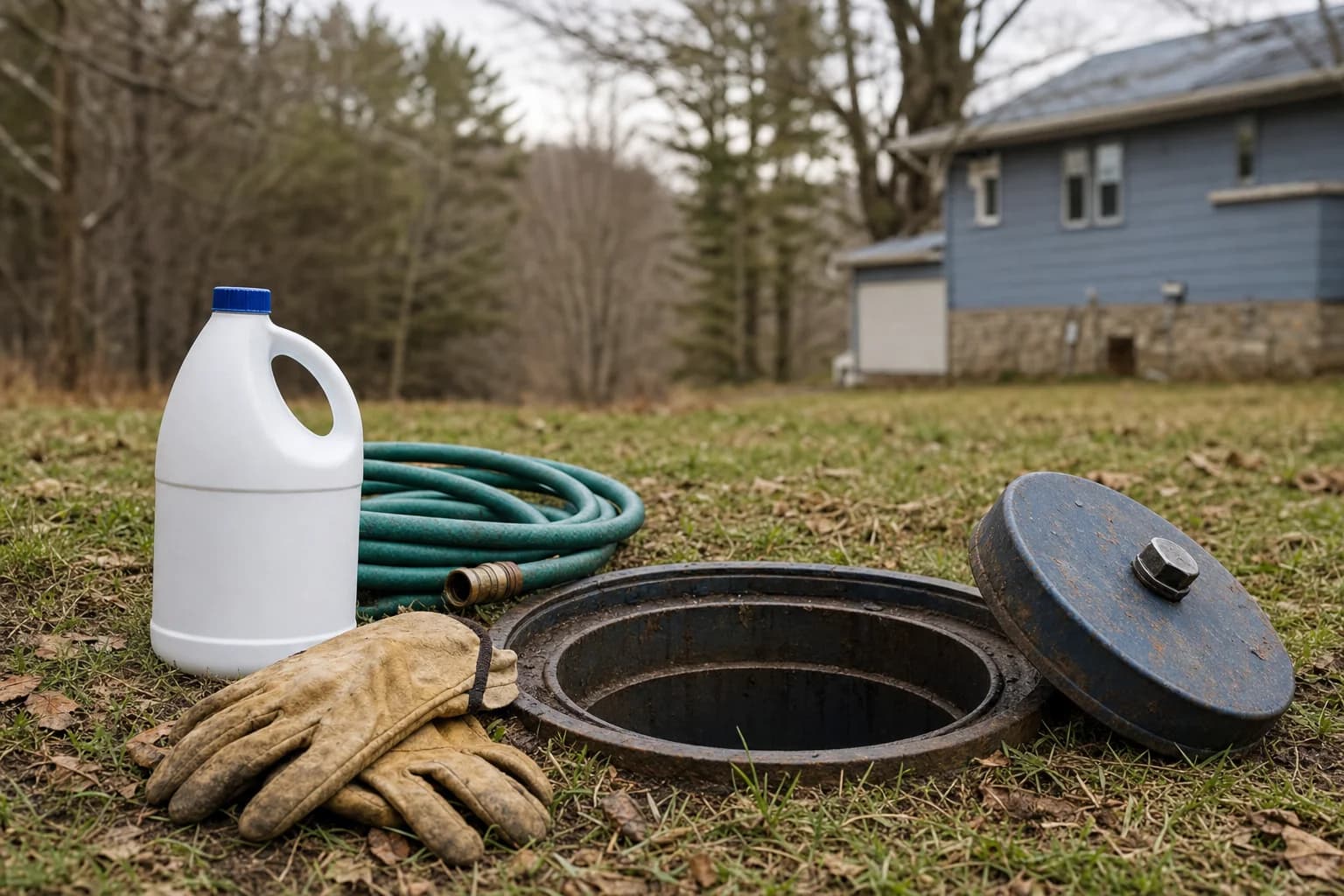 A private wellhead beside a chlorine container, representing disinfection byproducts in well water