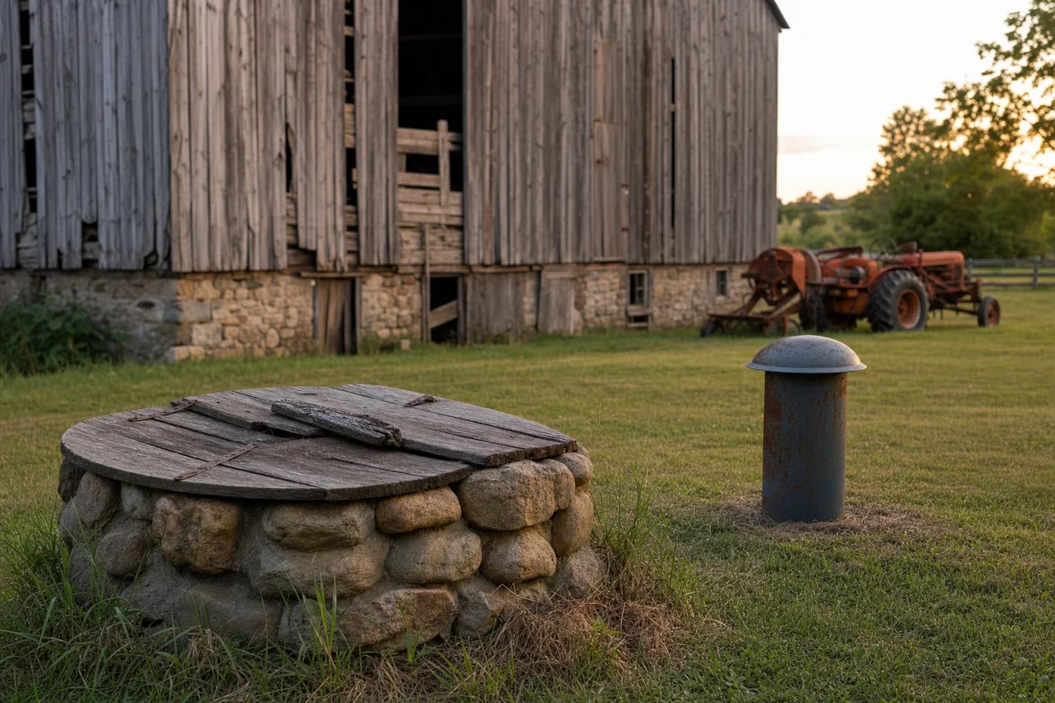 Three residential water well types side by side: drilled casing, sand point pipe, and stone-lined dug well