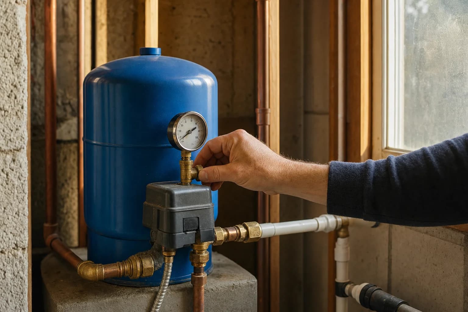 Residential well pressure tank with pressure switch and gauge in a basement utility room