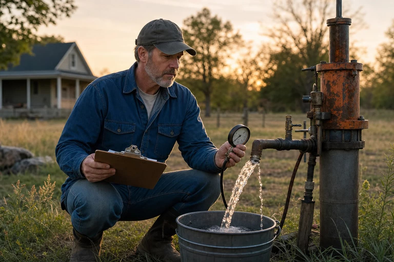 Licensed contractor inspecting a residential wellhead and casing