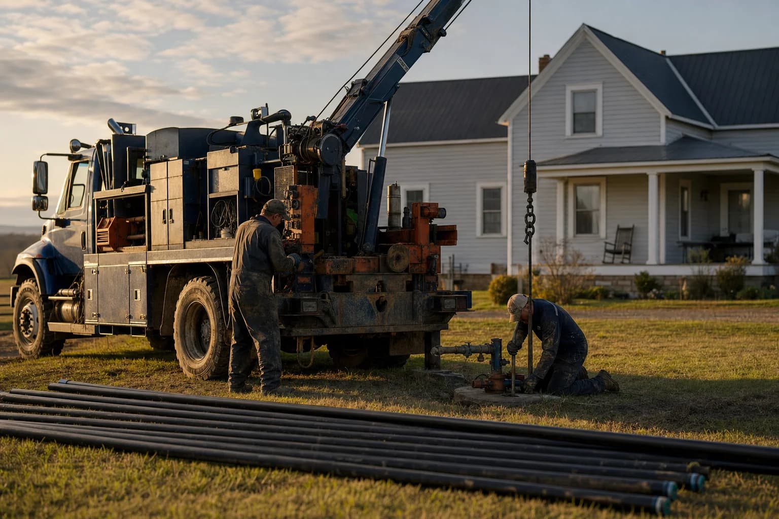 A submersible well pump and drop pipe being pulled from a residential well casing by a service crew