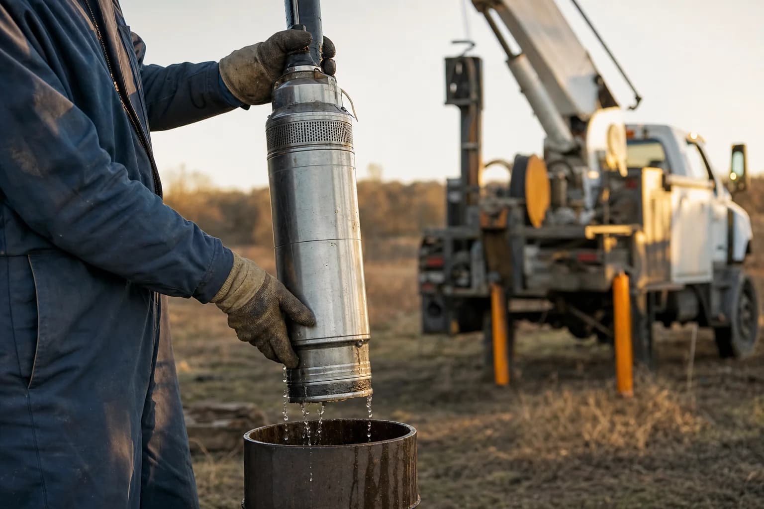 Submersible well pump and drop pipe being lowered into a residential well casing